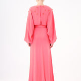 Flower Embroidered Belted Satin Long Evening Dress - 9075C