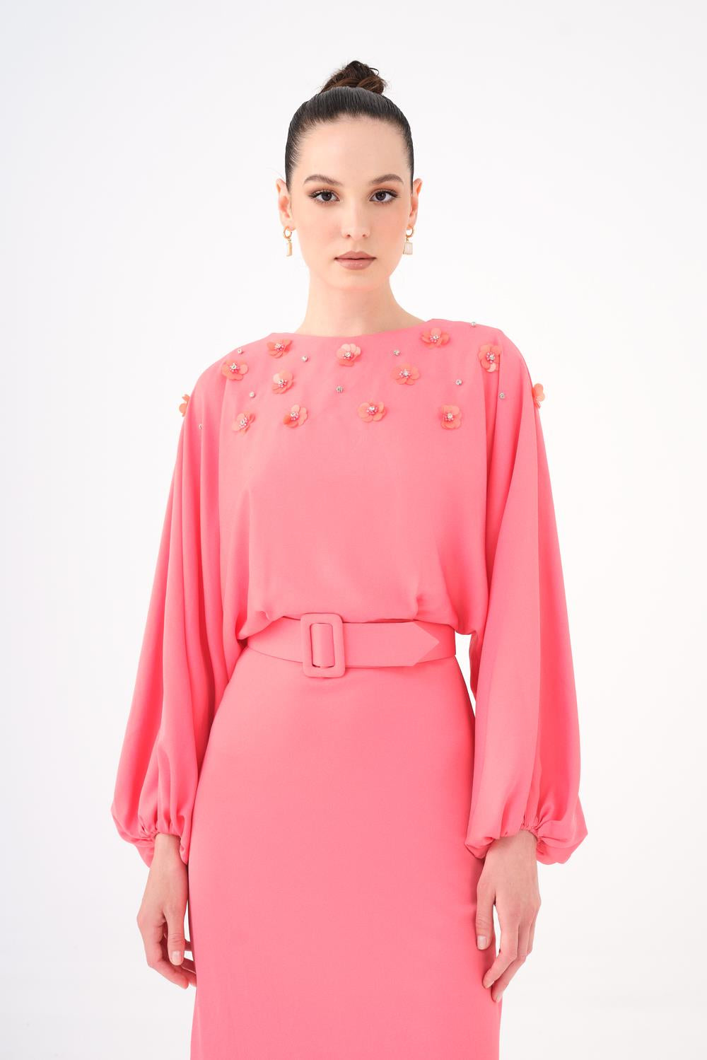 Flower Embroidered Belted Satin Long Evening Dress - 9075C