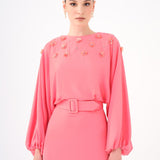 Flower Embroidered Belted Satin Long Evening Dress - 9075C
