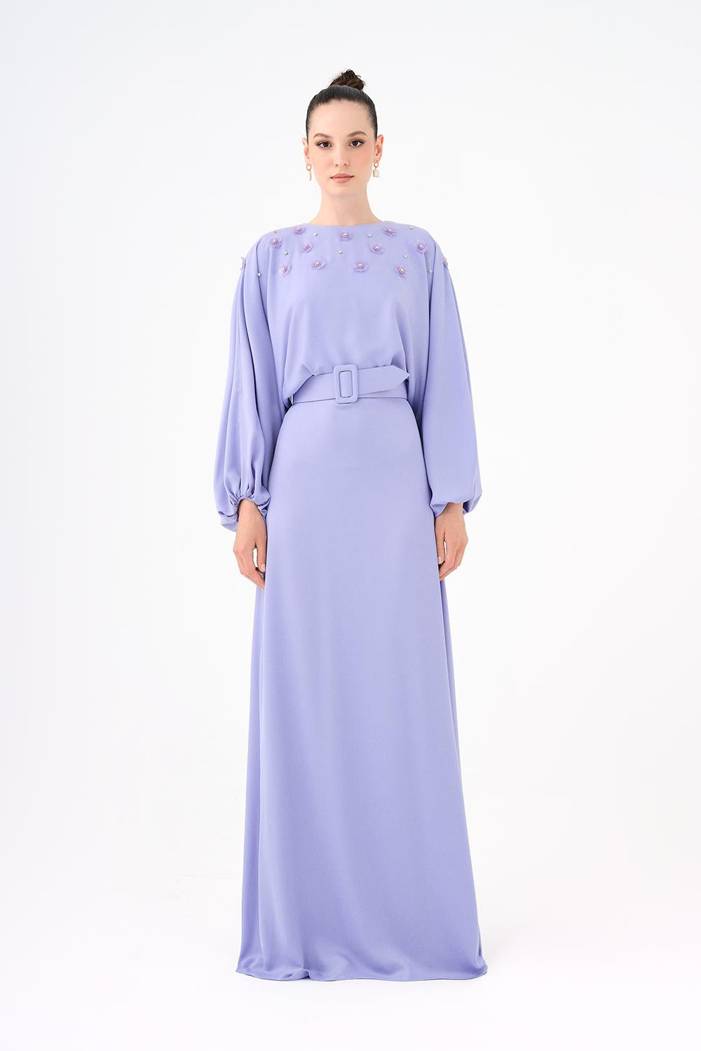 Flower Embroidered Belted Satin Long Evening Dress - 9075C