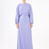 Flower Embroidered Belted Satin Long Evening Dress - 9075C