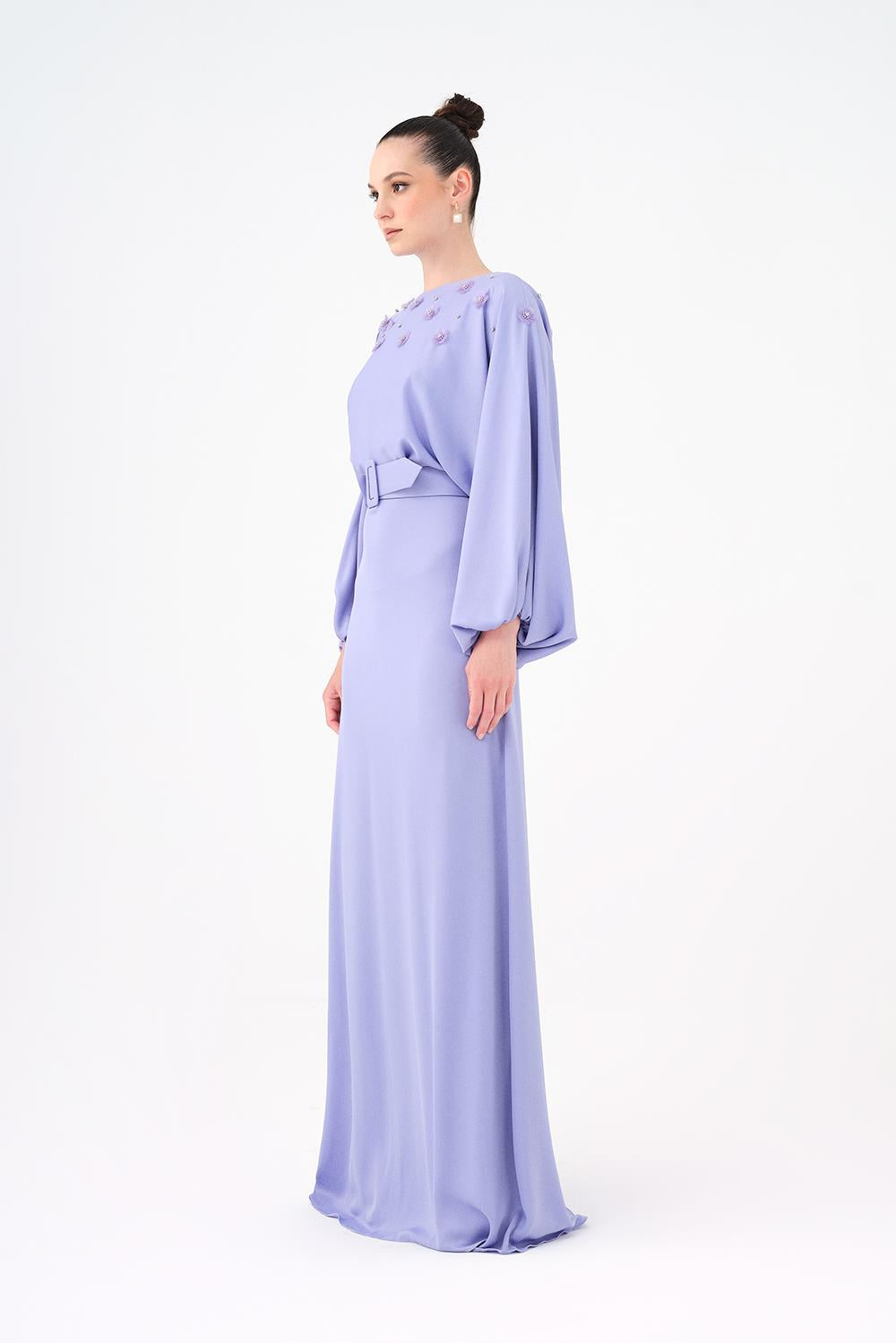 Flower Embroidered Belted Satin Long Evening Dress - 9075C