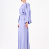 Flower Embroidered Belted Satin Long Evening Dress - 9075C
