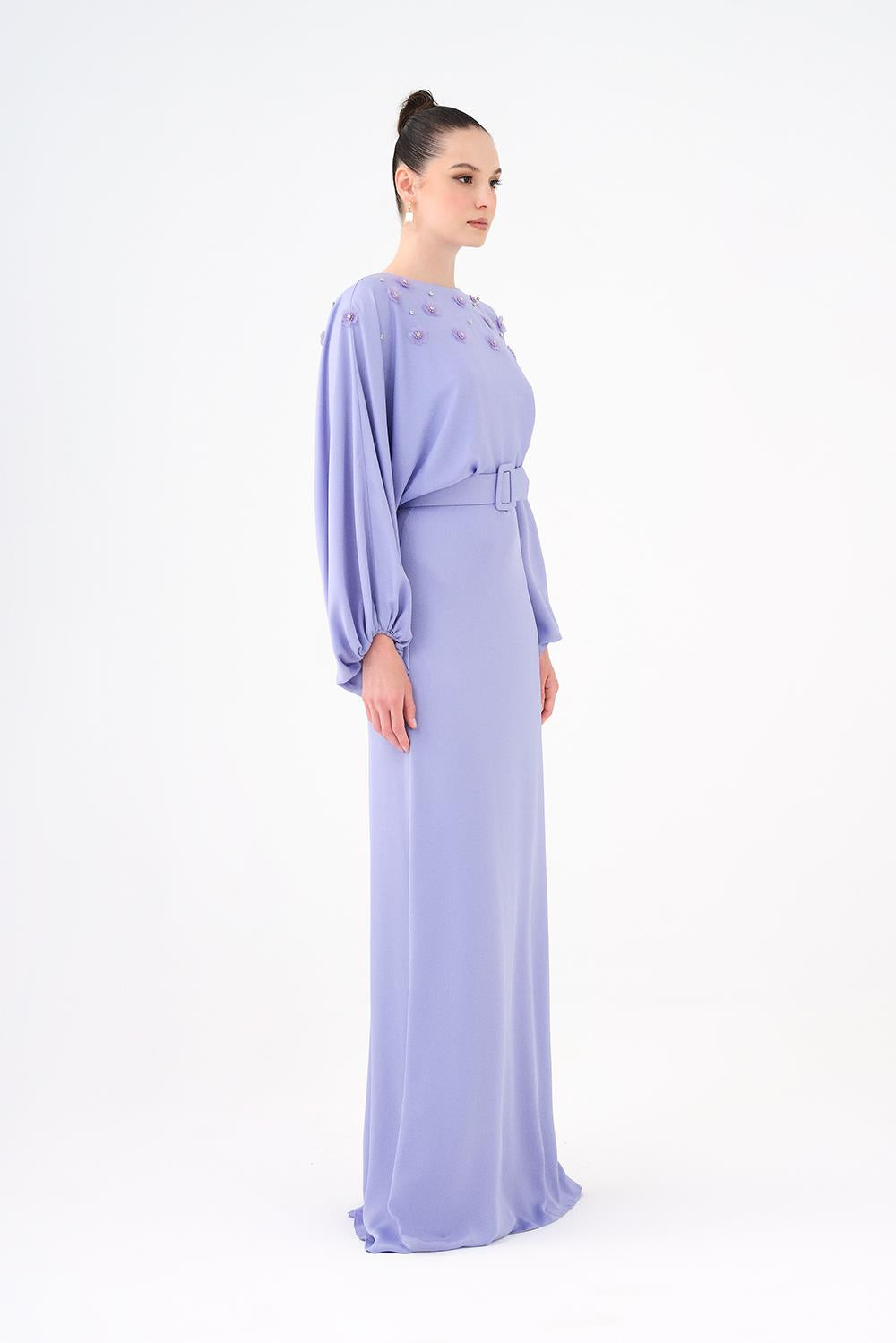 Flower Embroidered Belted Satin Long Evening Dress - 9075C