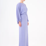 Flower Embroidered Belted Satin Long Evening Dress - 9075C