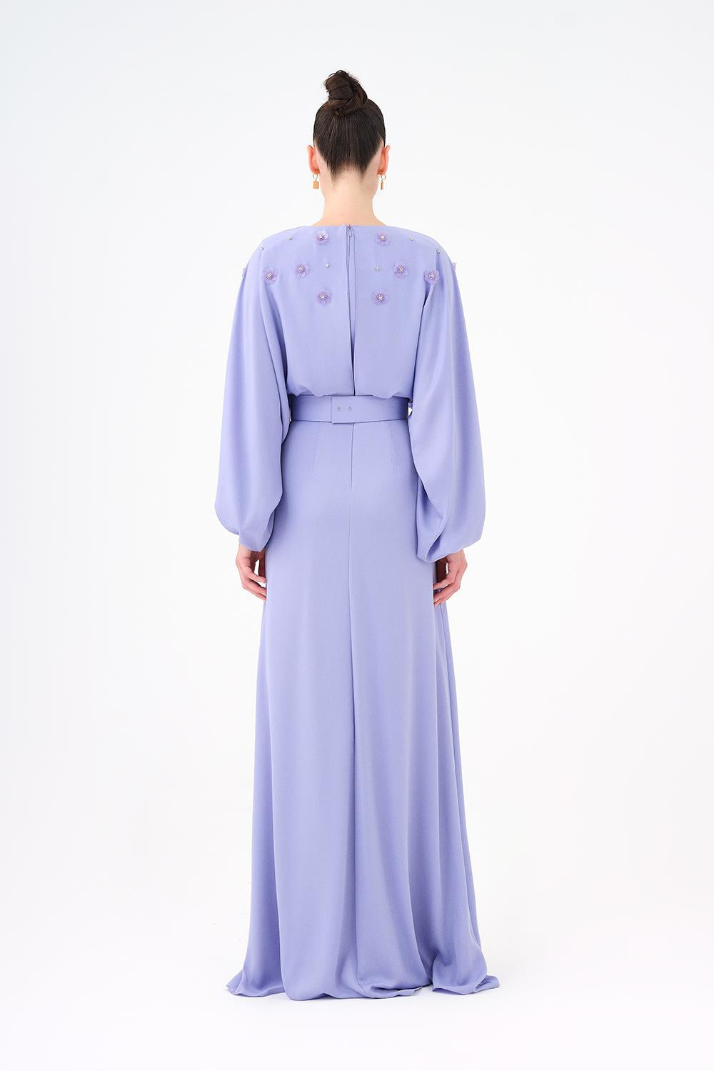 Flower Embroidered Belted Satin Long Evening Dress - 9075C