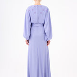 Flower Embroidered Belted Satin Long Evening Dress - 9075C