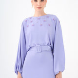 Flower Embroidered Belted Satin Long Evening Dress - 9075C