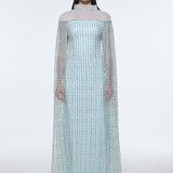 Stand Collar Stone Embroidered Tulle Long Evening Dress - 9400C