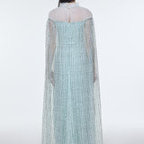 Stand Collar Stone Embroidered Tulle Long Evening Dress - 9400C