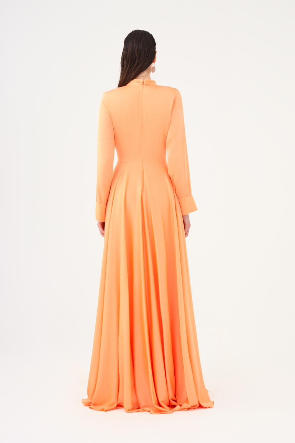 Drape Detaylı Dik Yaka Saten Uzun Abiye Elbise - 9072C - Turuncu