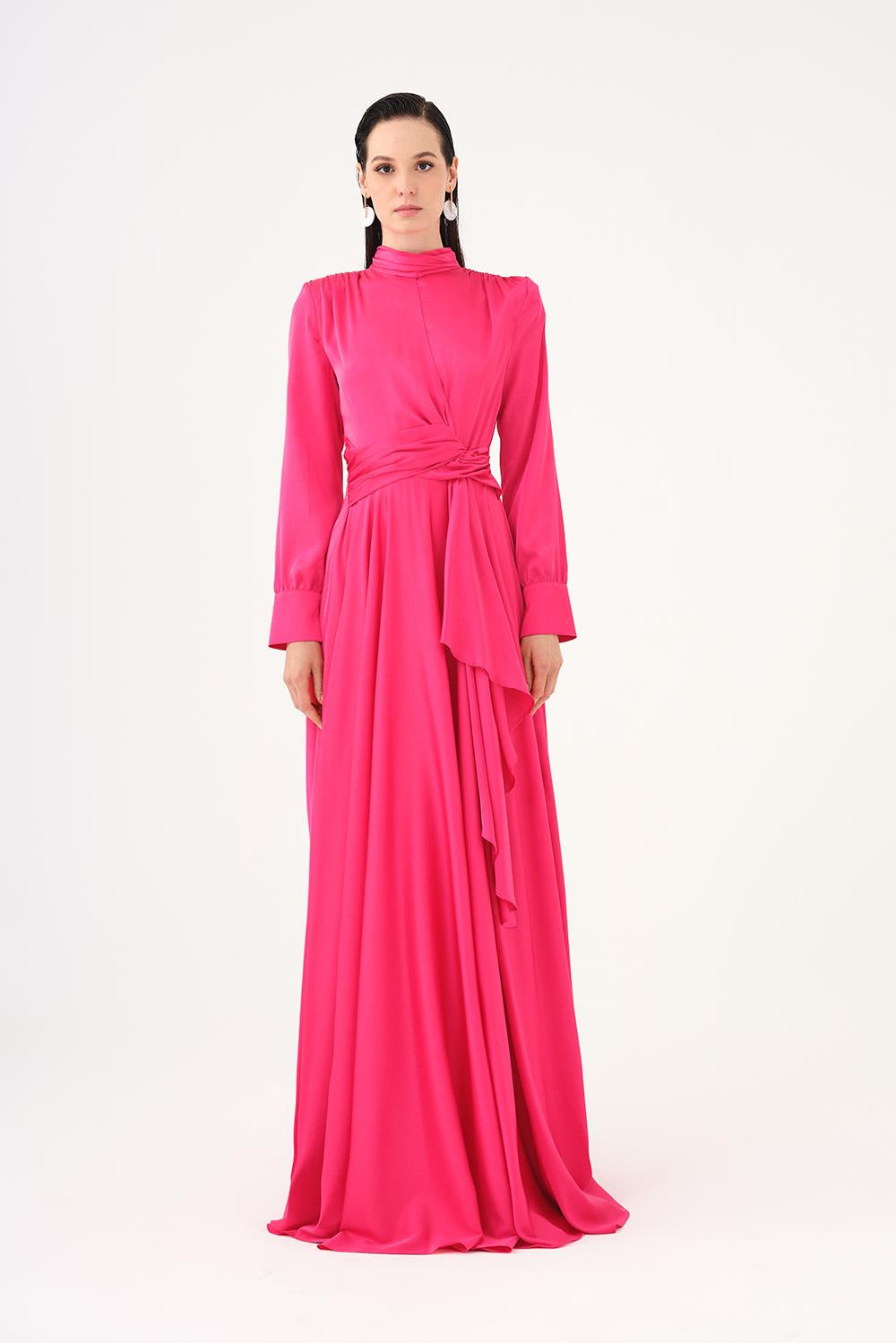 Drape Detaylı Dik Yaka Saten Uzun Abiye Elbise - 9072C - PEMBE