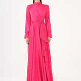 Drape Detaylı Dik Yaka Saten Uzun Abiye Elbise - 9072C - PEMBE