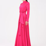 Drape Detaylı Dik Yaka Saten Uzun Abiye Elbise - 9072C - PEMBE