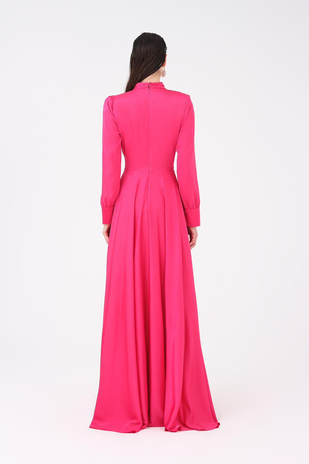 Drape Detaylı Dik Yaka Saten Uzun Abiye Elbise - 9072C - PEMBE