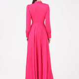 Drape Detaylı Dik Yaka Saten Uzun Abiye Elbise - 9072C - PEMBE
