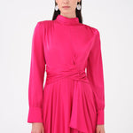 Drape Detaylı Dik Yaka Saten Uzun Abiye Elbise - 9072C - PEMBE