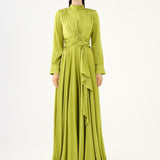 Drape Detaylı Dik Yaka Saten Uzun Abiye Elbise - 9072C - YAĞ YEŞİLİ