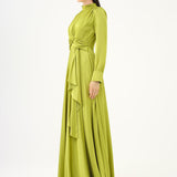 Drape Detaylı Dik Yaka Saten Uzun Abiye Elbise - 9072C - YAĞ YEŞİLİ