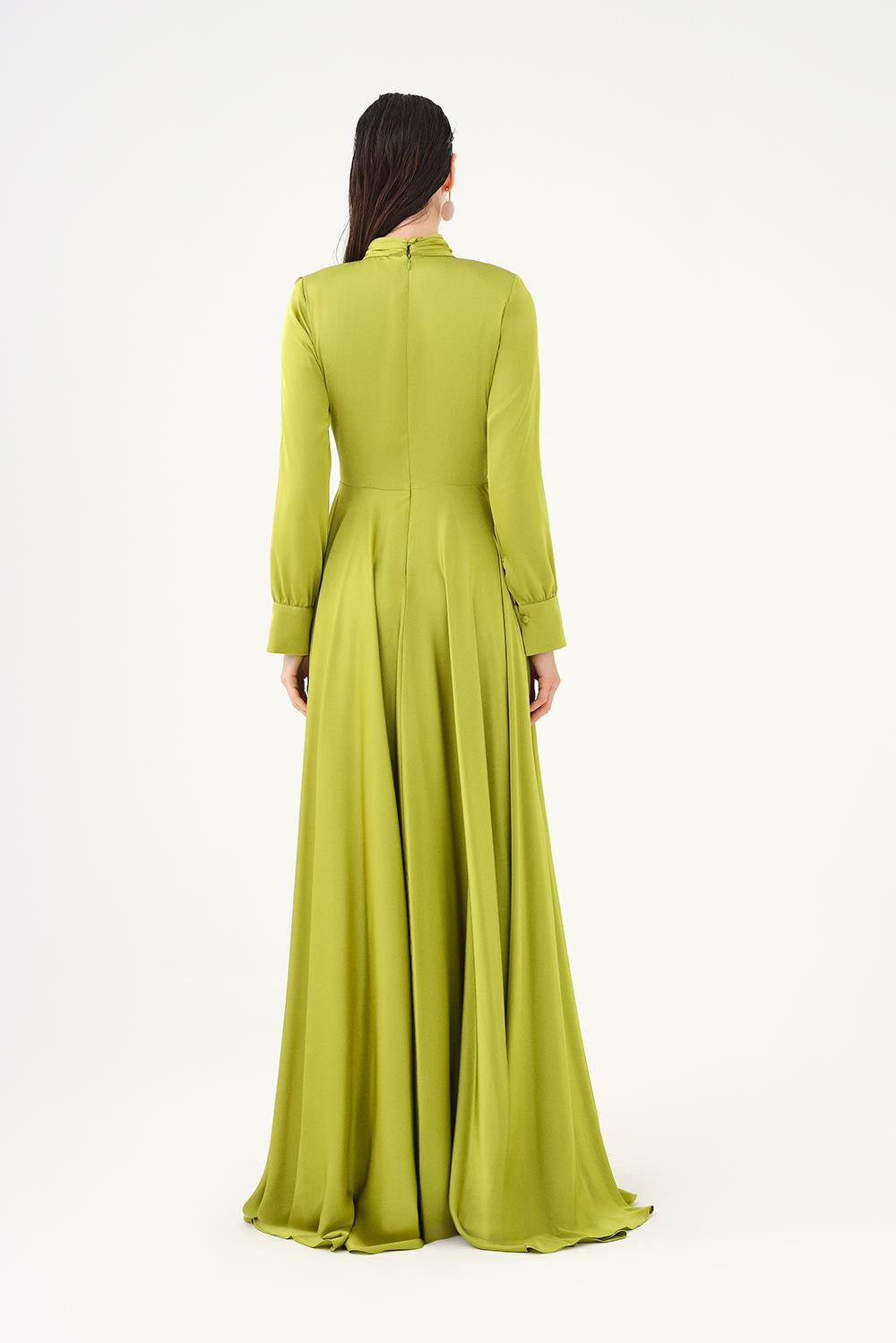 Drape Detaylı Dik Yaka Saten Uzun Abiye Elbise - 9072C - YAĞ YEŞİLİ