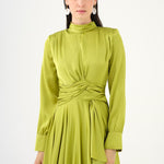 Drape Detaylı Dik Yaka Saten Uzun Abiye Elbise - 9072C - YAĞ YEŞİLİ