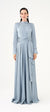 Drape Detaylı Dik Yaka Saten Uzun Abiye Elbise - 9072C - Gri-Mint
