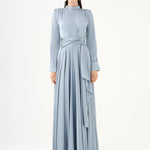 Drape Detaylı Dik Yaka Saten Uzun Abiye Elbise - 9072C - Gri-Mint