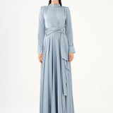 Drape Detaylı Dik Yaka Saten Uzun Abiye Elbise - 9072C - Gri-Mint