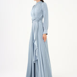 Drape Detaylı Dik Yaka Saten Uzun Abiye Elbise - 9072C - Gri-Mint
