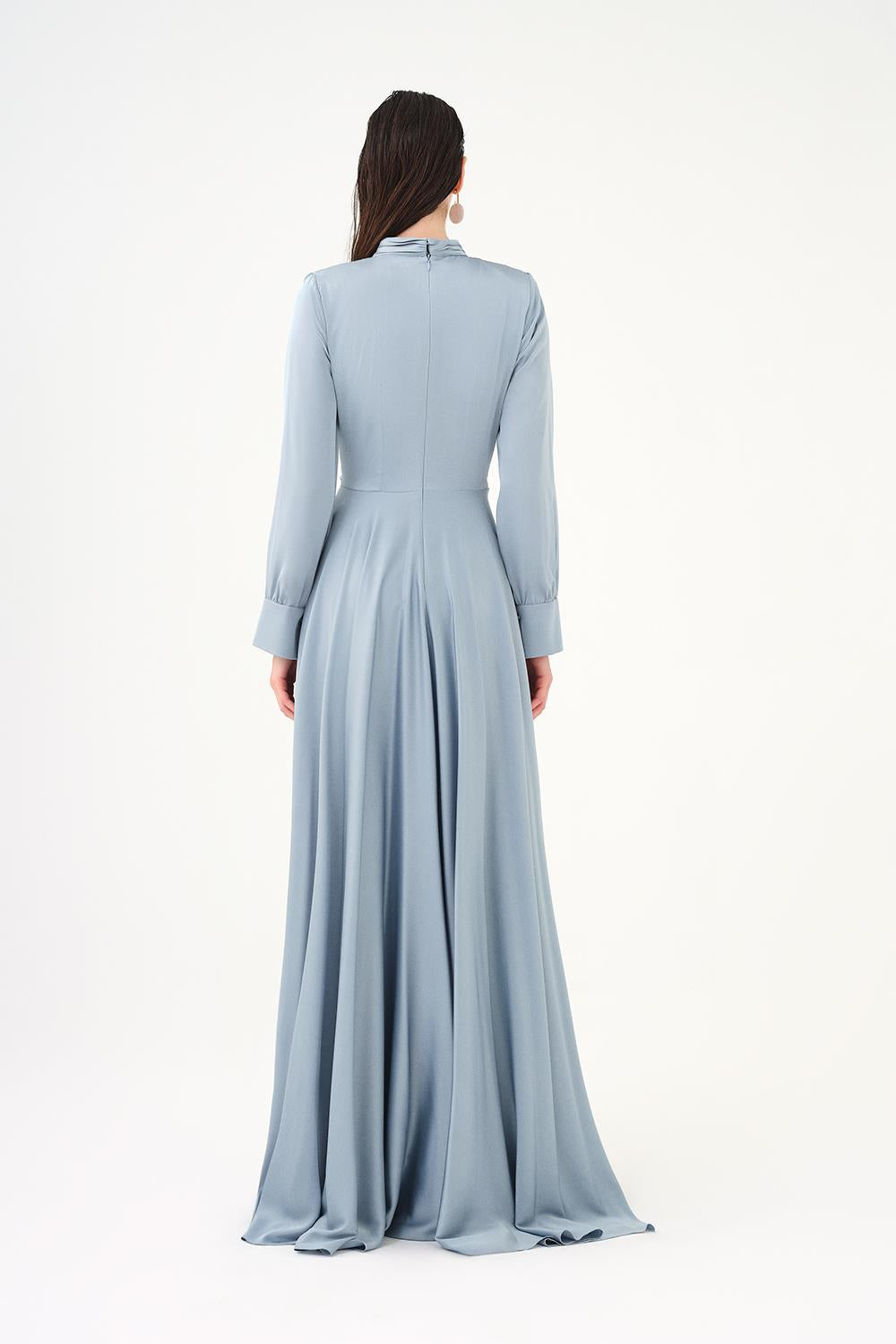 Drape Detaylı Dik Yaka Saten Uzun Abiye Elbise - 9072C - Gri-Mint