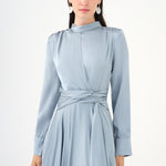 Drape Detaylı Dik Yaka Saten Uzun Abiye Elbise - 9072C - Gri-Mint