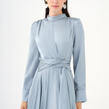 Drape Detaylı Dik Yaka Saten Uzun Abiye Elbise - 9072C - Gri-Mint
