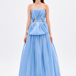 Drapeli Fiyonk Detaylı Uzun Abiye Elbise - 9197C - MAVİ