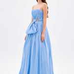 Drapeli Fiyonk Detaylı Uzun Abiye Elbise - 9197C - MAVİ