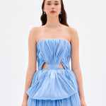 Drapeli Fiyonk Detaylı Uzun Abiye Elbise - 9197C - MAVİ