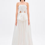 Drapeli Fiyonk Detaylı Uzun Abiye Elbise - 9197C - Kırık Beyaz