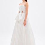 Drapeli Fiyonk Detaylı Uzun Abiye Elbise - 9197C - Kırık Beyaz