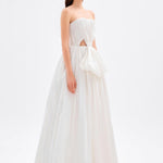 Drapeli Fiyonk Detaylı Uzun Abiye Elbise - 9197C - Kırık Beyaz