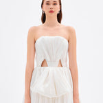 Drapeli Fiyonk Detaylı Uzun Abiye Elbise - 9197C - Kırık Beyaz