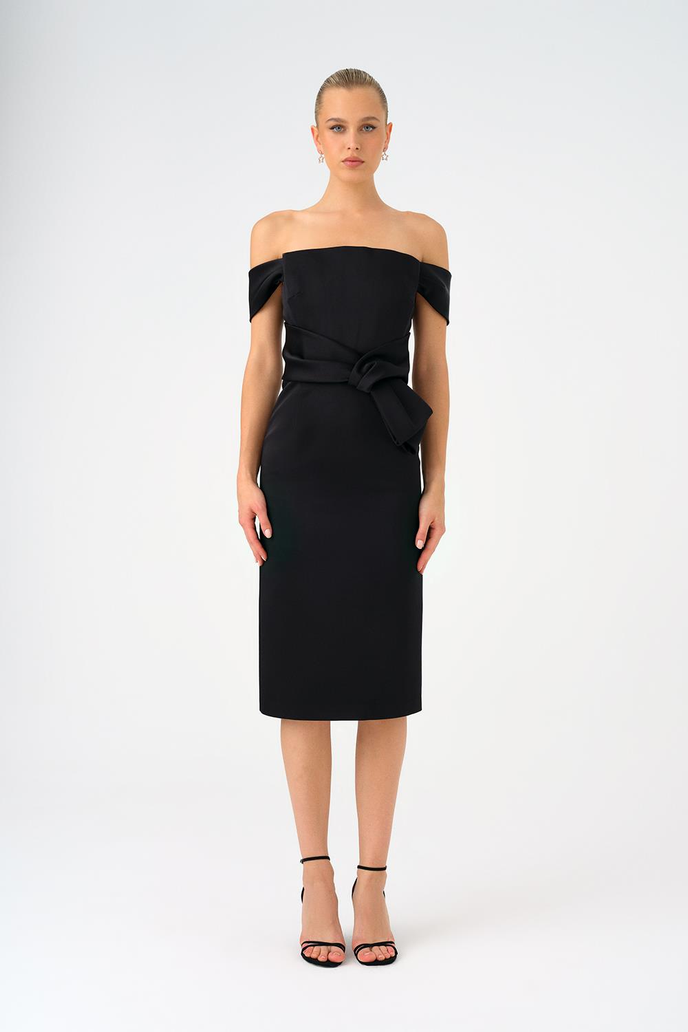 Low Shoulder Strapless Satin Midi Evening Dress - 9155C