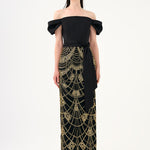 Düşük Omuzlu Straplez Taşlı Uzun Abiye Elbise - 9152C - Siyah - Gold