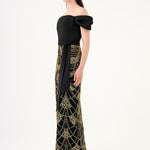 Düşük Omuzlu Straplez Taşlı Uzun Abiye Elbise - 9152C - Siyah - Gold