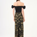 Düşük Omuzlu Straplez Taşlı Uzun Abiye Elbise - 9152C - Siyah - Gold