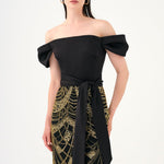 Düşük Omuzlu Straplez Taşlı Uzun Abiye Elbise - 9152C - Siyah - Gold