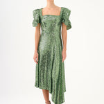 Asymmetric Cut Sequin Midi Evening Dress with Bow Detail Sleeves - 9142C