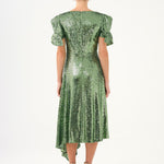 Asymmetric Cut Sequin Midi Evening Dress with Bow Detail Sleeves - 9142C