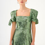 Asymmetric Cut Sequin Midi Evening Dress with Bow Detail Sleeves - 9142C