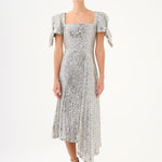 Asymmetric Cut Sequin Midi Evening Dress with Bow Detail Sleeves - 9142C