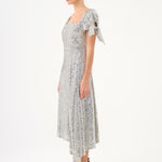 Asymmetric Cut Sequin Midi Evening Dress with Bow Detail Sleeves - 9142C