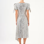 Asymmetric Cut Sequin Midi Evening Dress with Bow Detail Sleeves - 9142C